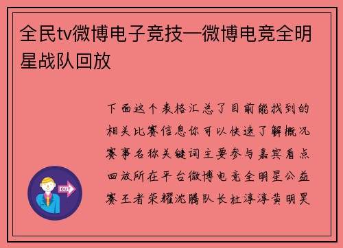 全民tv微博电子竞技—微博电竞全明星战队回放
